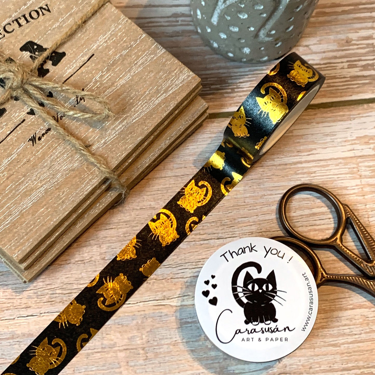 Washi tape 'Golden Cats' | black with gold foil print | 15mm x 10m