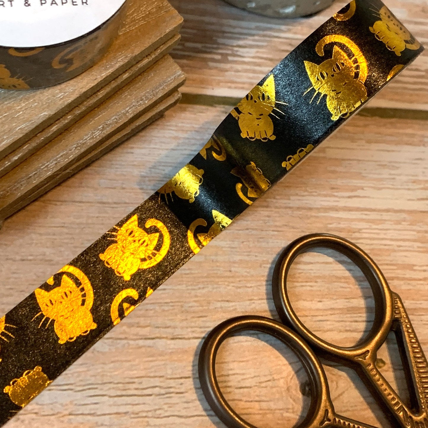 Washi Tape Set black-gold with cute cats | with gold foil print | 15mm x 10m