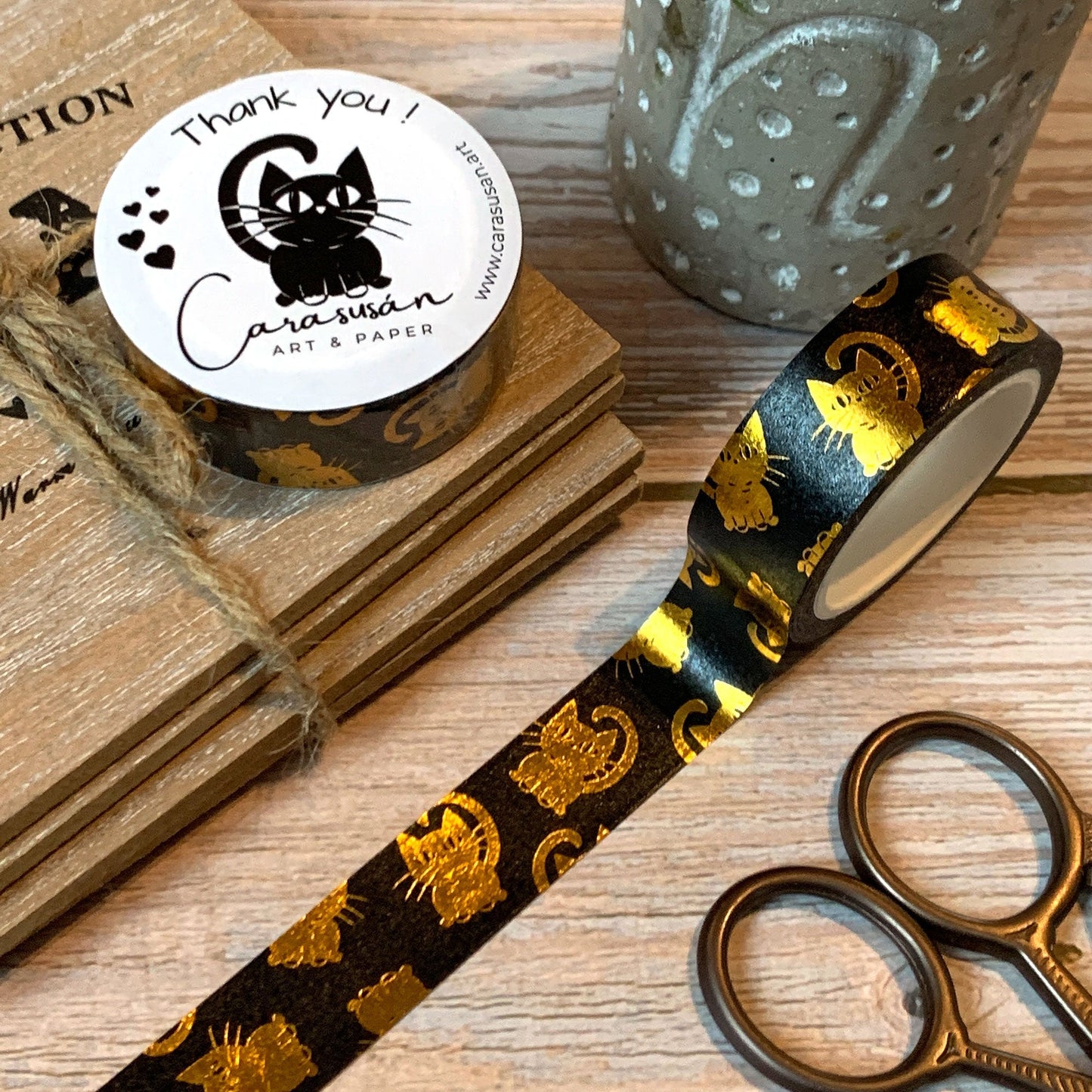 Washi Tape Set black-gold with cute cats | with gold foil print | 15mm x 10m