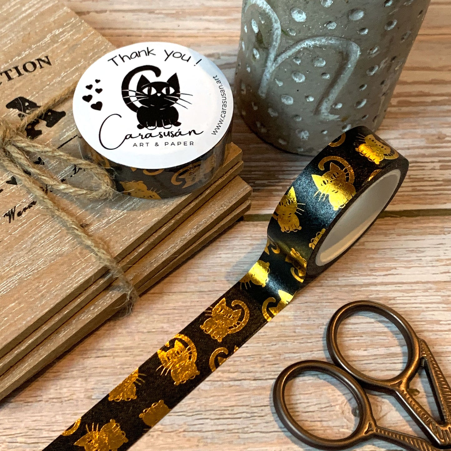 Washi Tape Set black-gold with cute cats | with gold foil print | 15mm x 10m