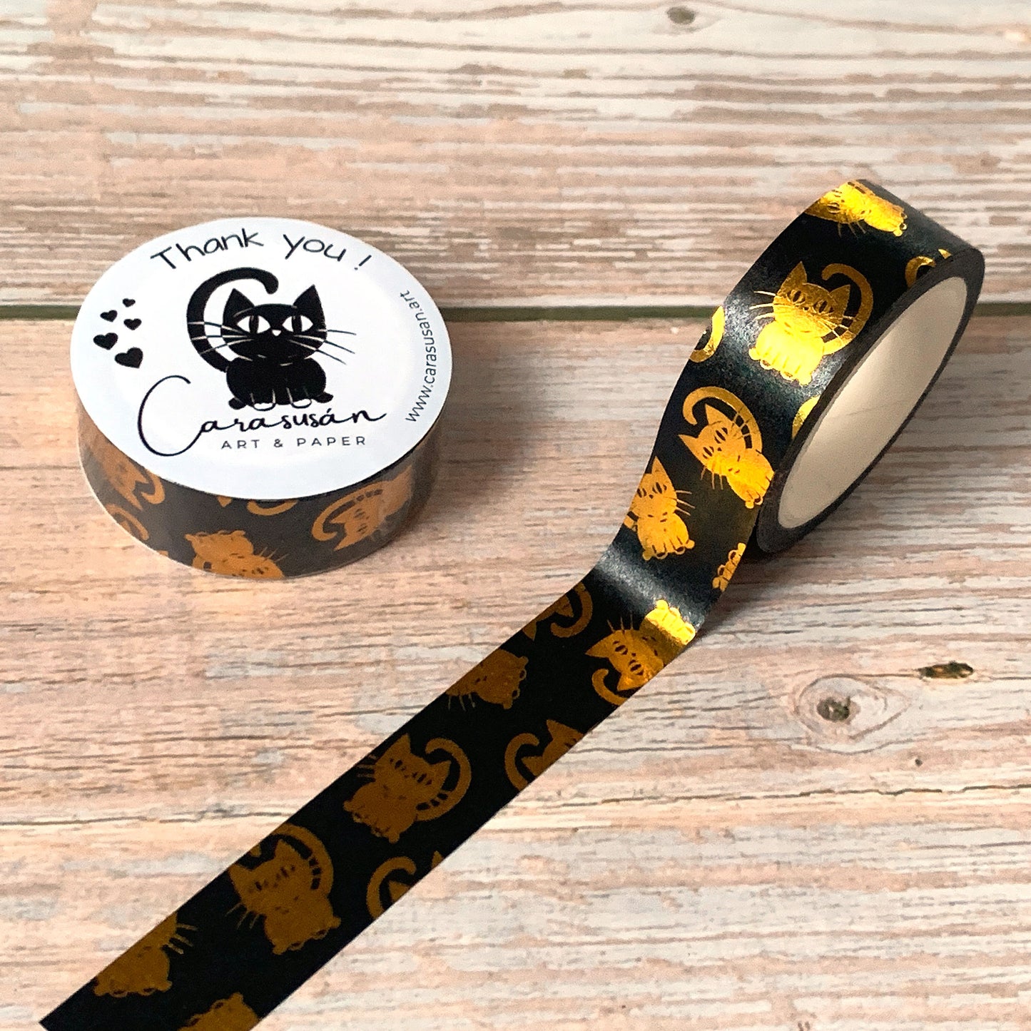 Washi tape 'Golden Cats' | black with gold foil print | 15mm x 10m