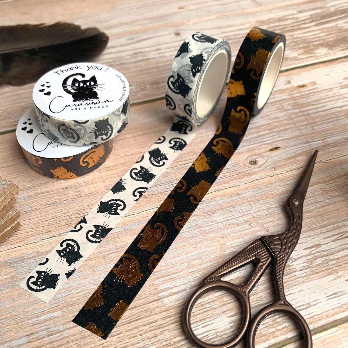 Washi Tape Set black-gold with cute cats | with gold foil print | 15mm x 10m