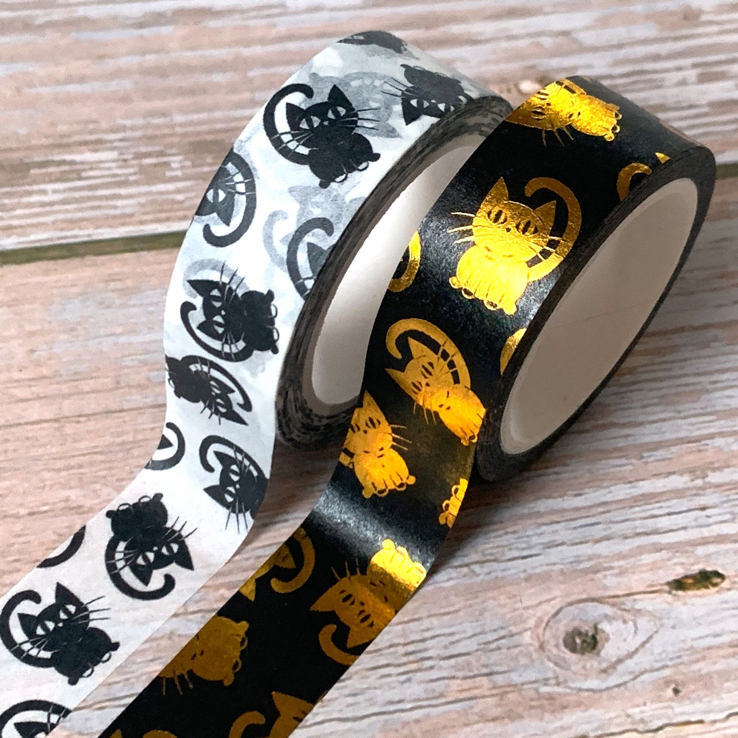 Washi Tape Set black-gold with cute cats | with gold foil print | 15mm x 10m