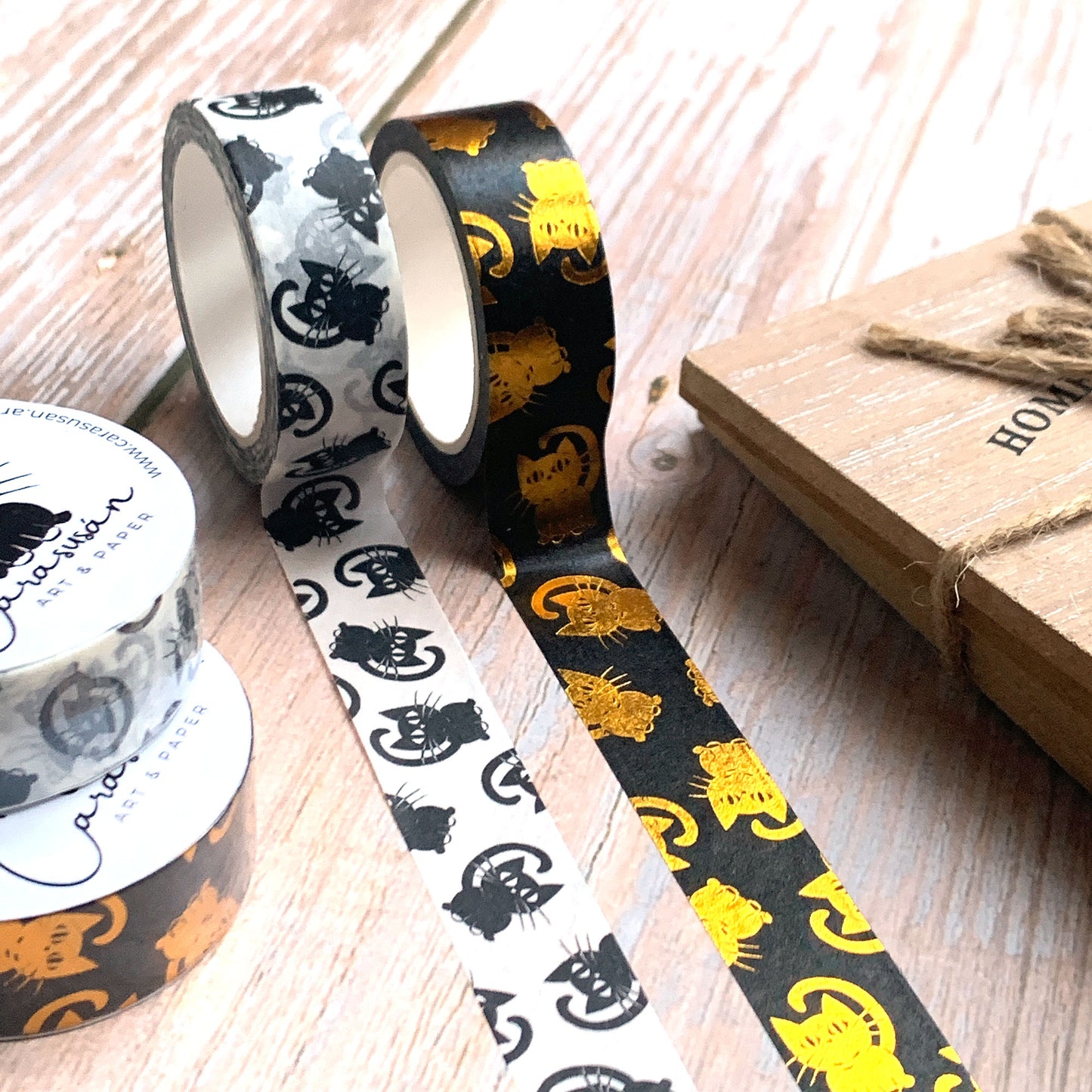 Washi Tape Set black-gold with cute cats | with gold foil print | 15mm x 10m