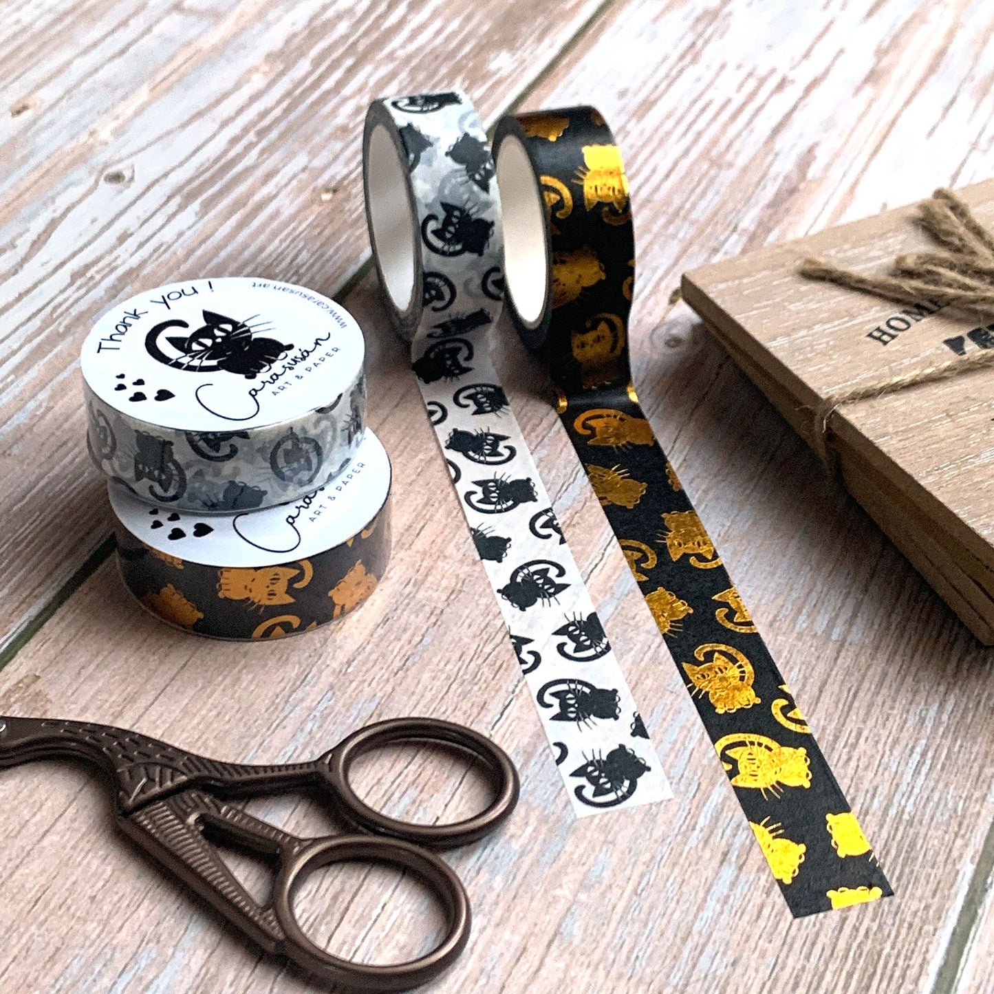Washi Tape Set black-gold with cute cats | with gold foil print | 15mm x 10m