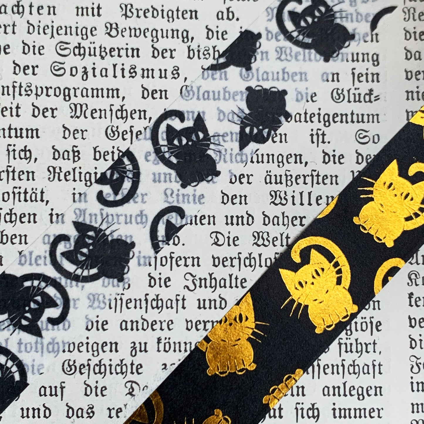 Washi Tape Set black-gold with cute cats | with gold foil print | 15mm x 10m