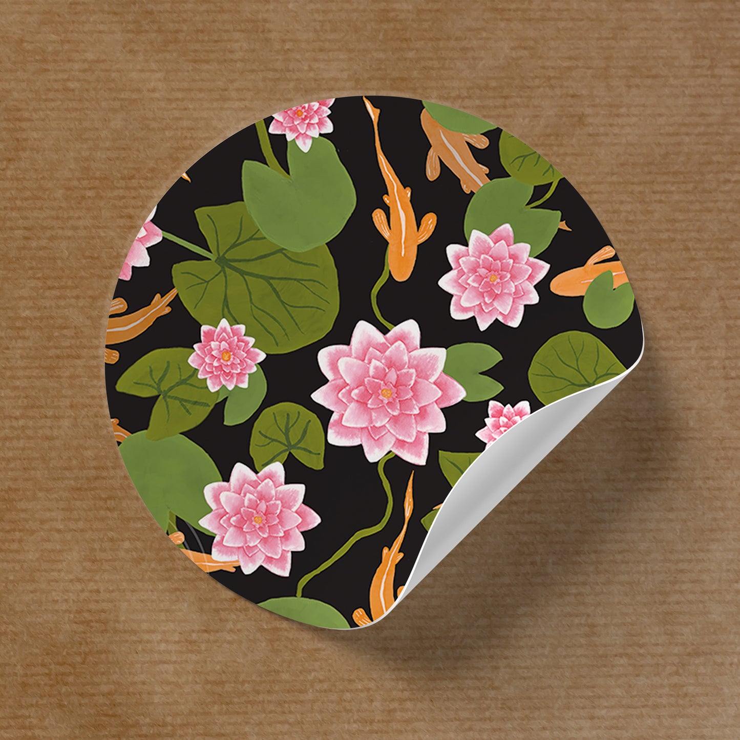 Sticker with Waterlilies and Goldfish, black, 50mm in diameter
