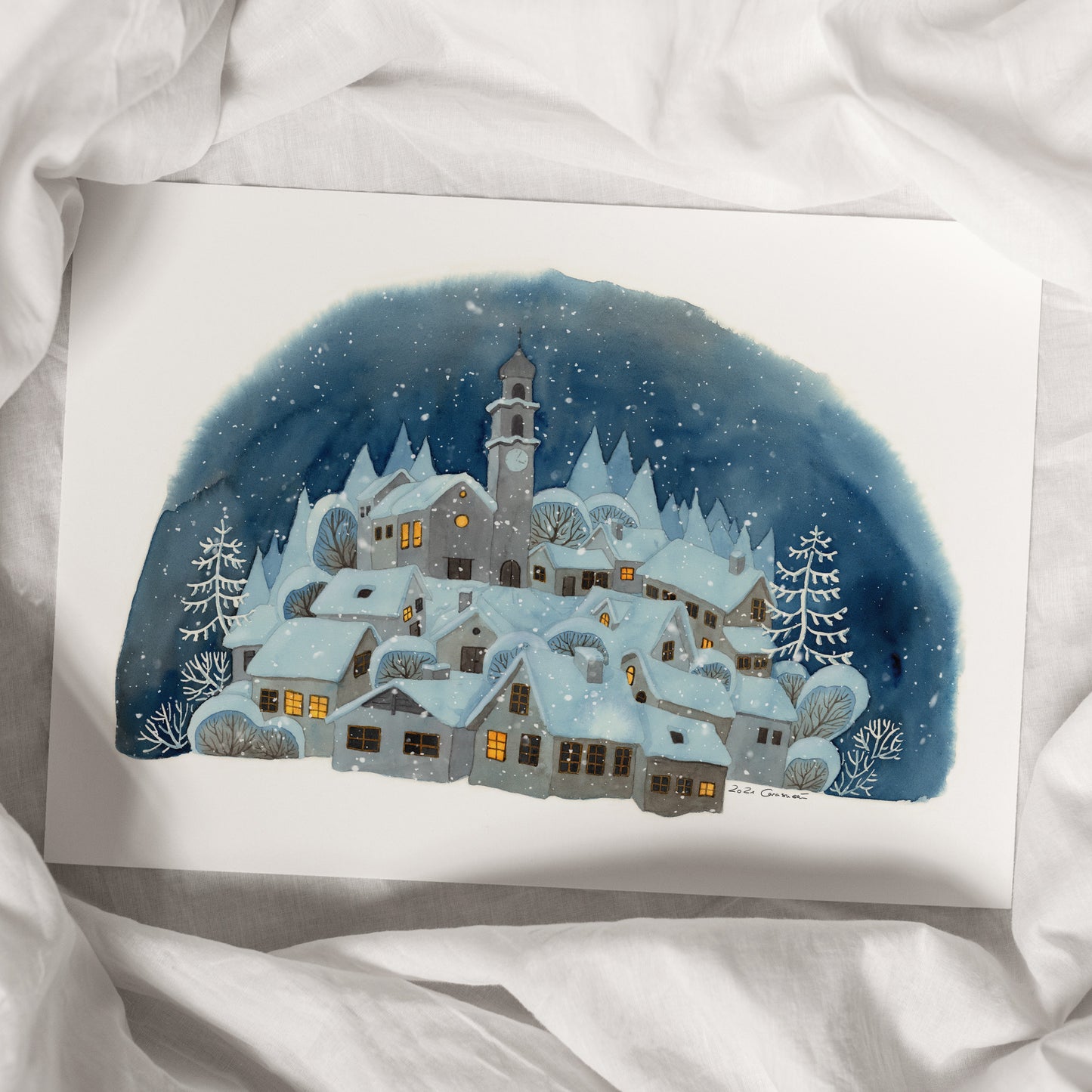 Winterliches Aquarell 'Dorf im Schnee' | Fine Art Print Weihnachtsdorf | 41x28 cm