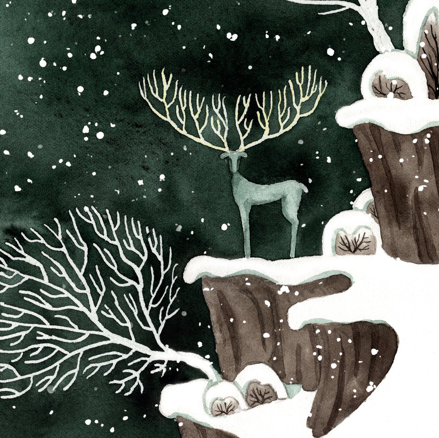 Winter Postkarte 'Winterlandschaft mit Hirsch' Aquarell