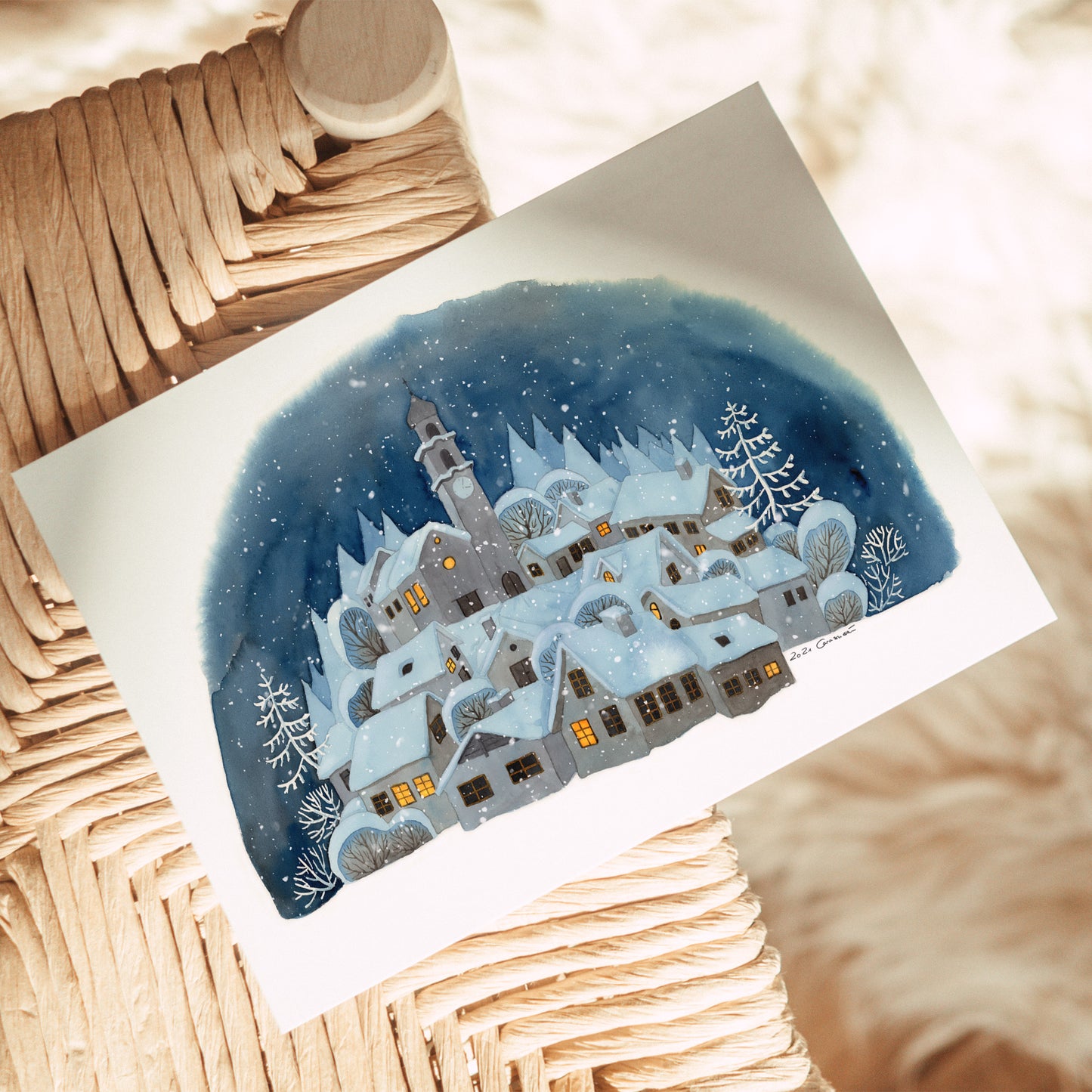 Art Postcard - Snowy Winter Village - Watercolor painting - DinA6 