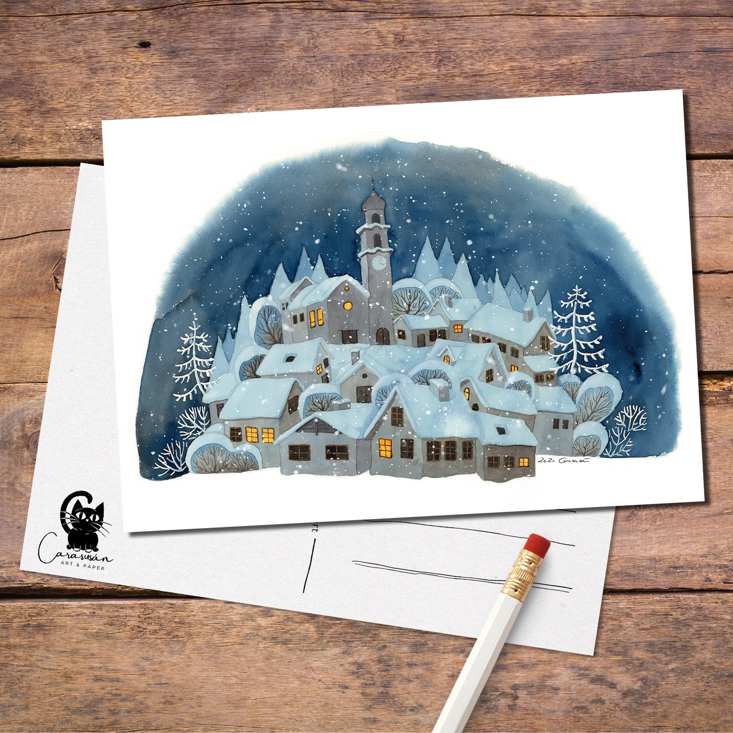 Art Postcard - Snowy Winter Village - Watercolor painting - DinA6 