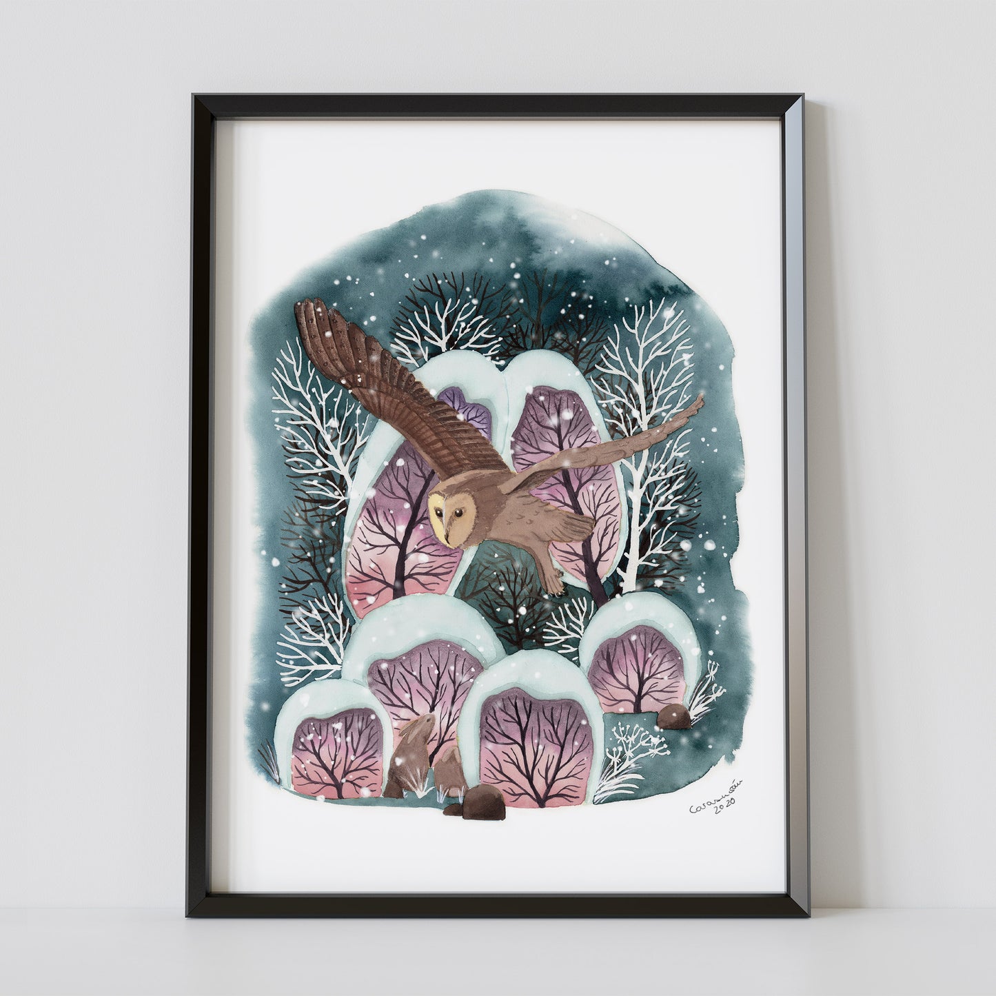 Winter art print 'Owl in magic Winter Forest' | watercolor | 28x32cm