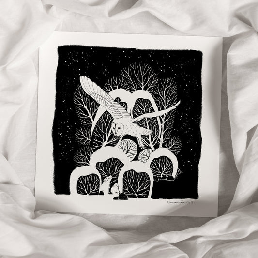 Art Print - Barn Owl in Winter Forest - minimalist black and white - ca. 35x35cm