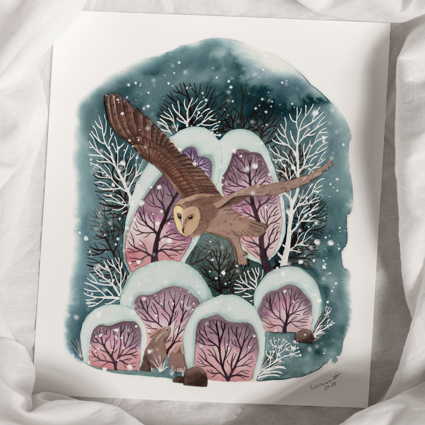 Winter art print 'Owl in magic Winter Forest' | watercolor | 28x32cm
