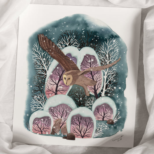 Winterlicher Kunstdruck 'Eule im Winterwald' | Aquarell | 28x32cm