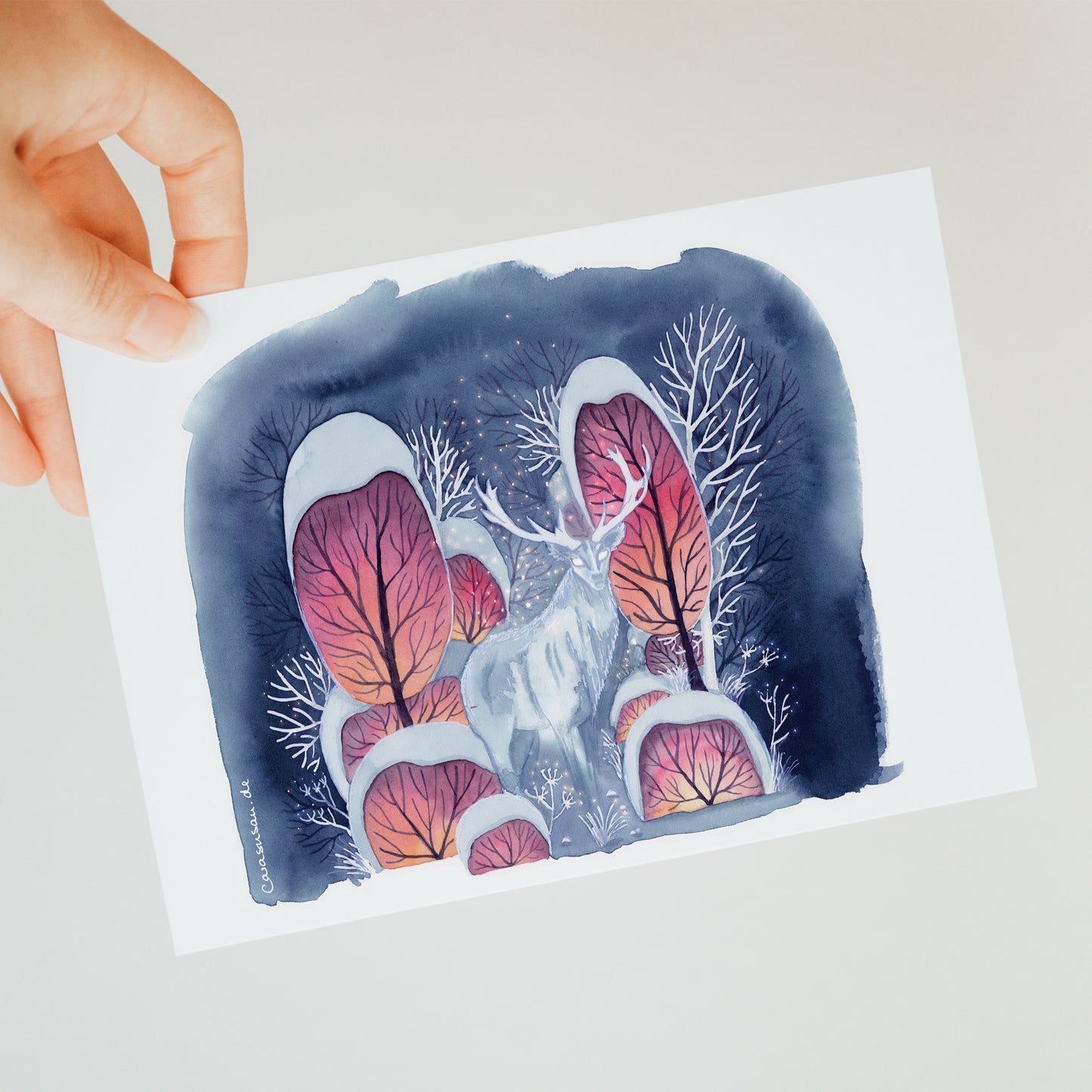 Winter postcard 'Deer in snowy forest' watercolour