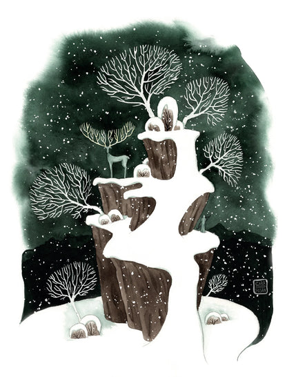 Winter Postkarte 'Winterlandschaft mit Hirsch' Aquarell - Carasusan