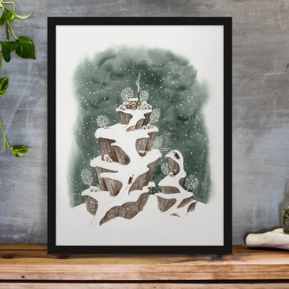 Winterliche Berglandschaft mit gemütlicher Hütte - Aquarell - Kunstdruck - 35x44cm - Wandbild - Winter Deko - Schneelandschaft - Carasusan