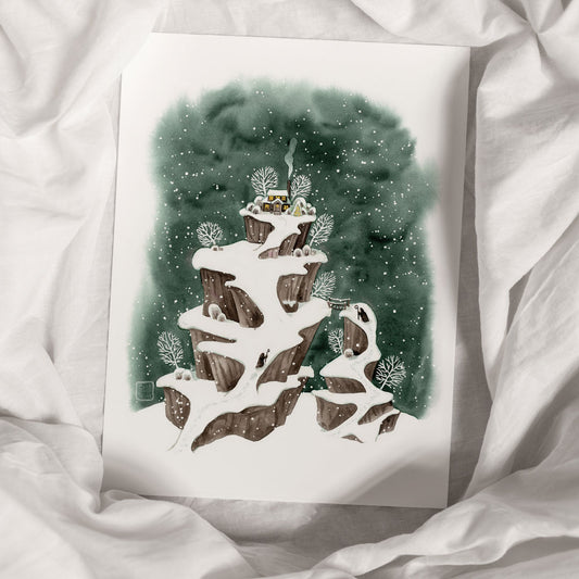 Winterlicher Kunstdruck 'Die Zusammenkunft' | Aquarell | 35x44 cm