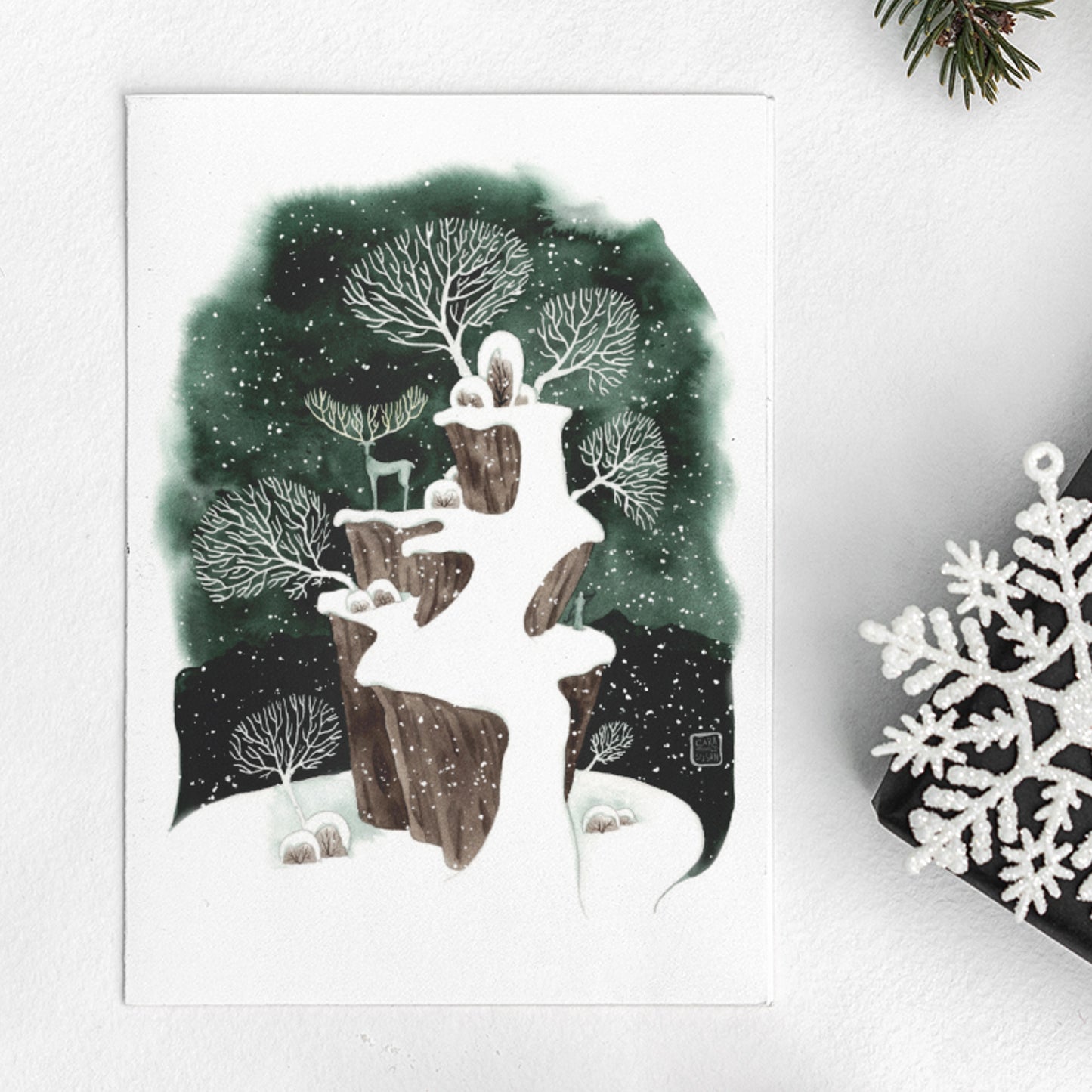 Winter Postkarte 'Winterlandschaft mit Hirsch' Aquarell