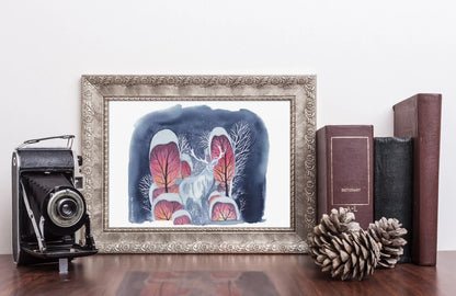 Postkarte Hirsch im Zauberwald | Din A6 | Aquarell magische Winterlandschaft | Winterbild Natur | Kunstpostkarten sammeln - Carasusan