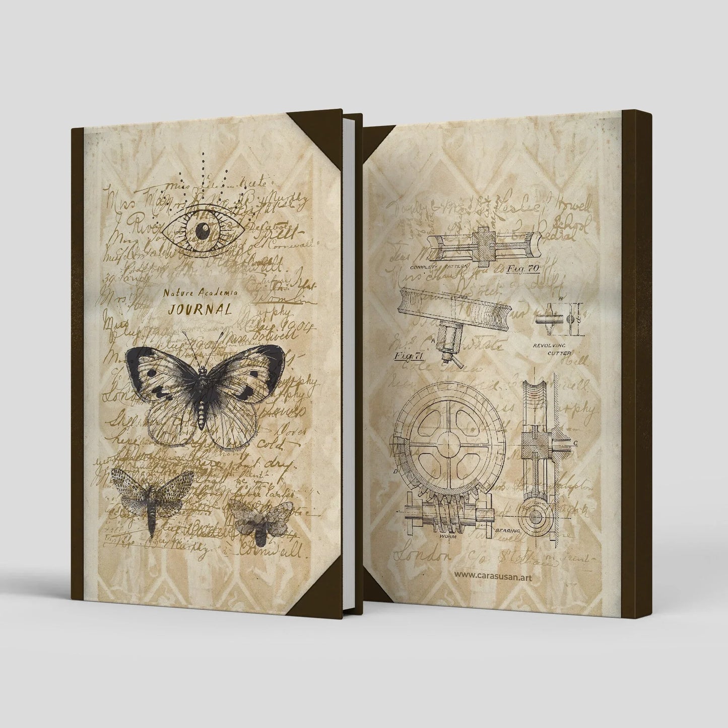 Front and back view of the A5 hardcover Dark Academia journal with vintage butterfly artwork and coordinating dark brown back cover.