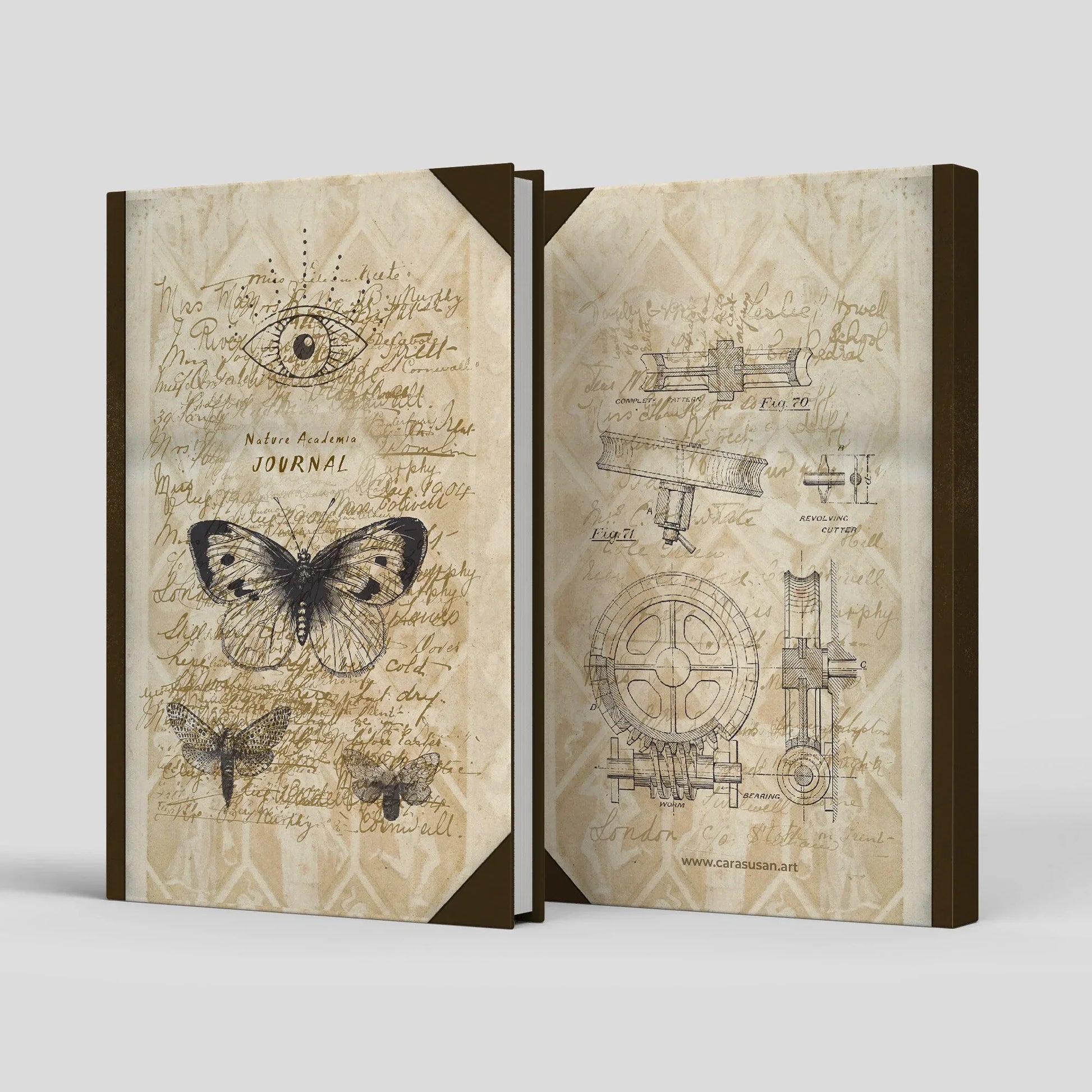 Front and back view of the A5 hardcover Dark Academia journal with vintage butterfly artwork and coordinating dark brown back cover.