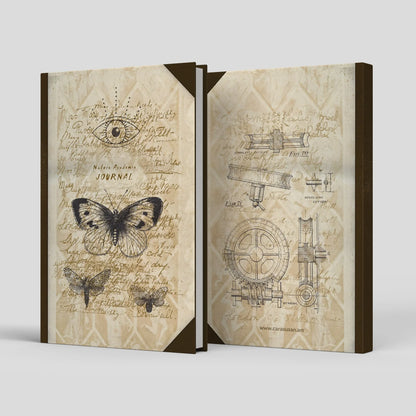 Front and back view of the A5 hardcover Dark Academia journal with vintage butterfly artwork and coordinating dark brown back cover.