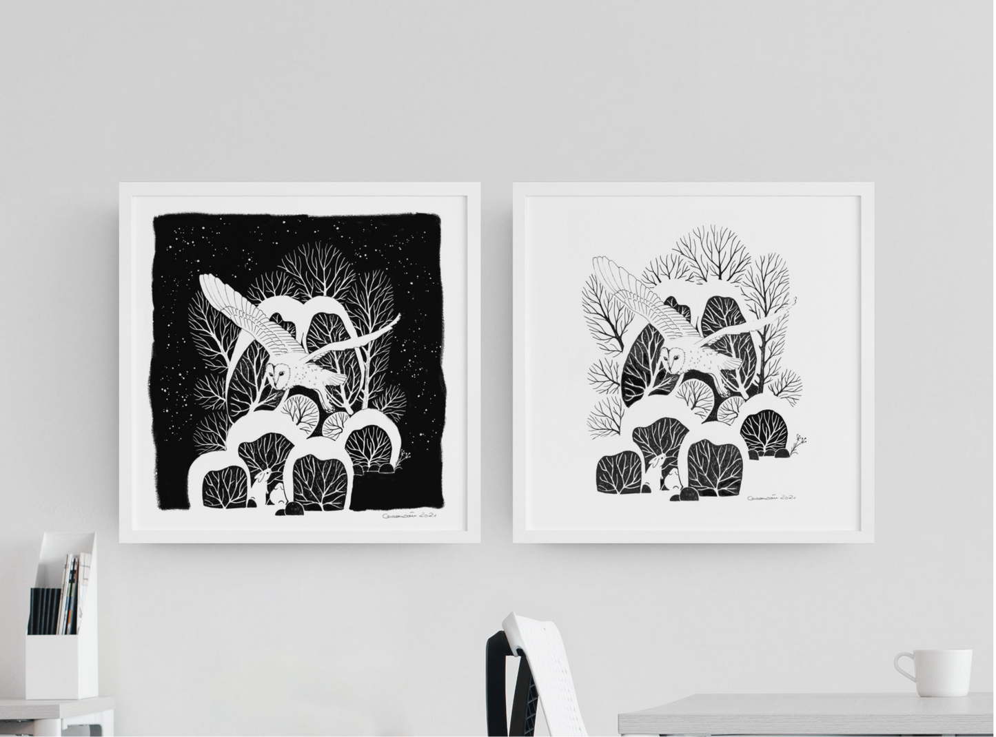 Art Print - Barn Owl in Winter Forest - minimalist black and white - ca. 35x35cm