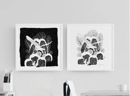 Winterbild - Schleiereule im Schnee - minimalistischer Kunstdruck in schwarz-weiß ca. 35x35cm - Carasusan