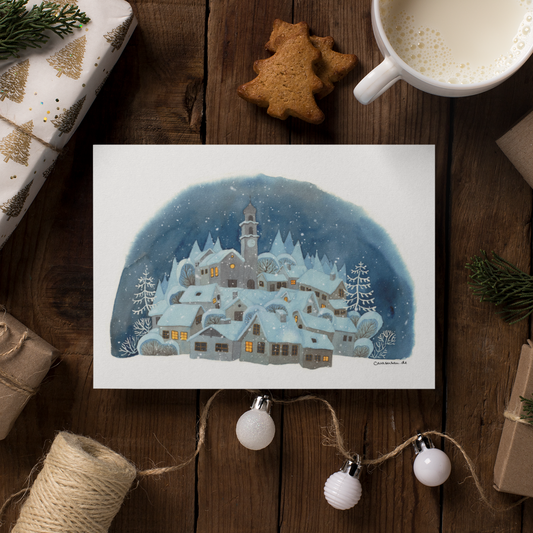 Winter Postkarte 'Weihnachtsdorf im Schnee' Aquarell