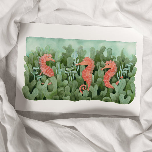 Kunstdruck mit niedlichen Seepferdchen | Aquarell | 31x20cm | handsigniert