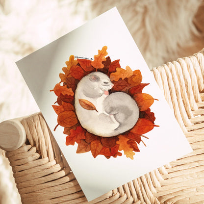 Herbstliche Postkarte 'Niedlicher Siebenschläfer' Aquarell DinA6 - Carasusan