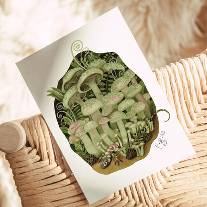 Postkarte 'Pilze und Salamander' Aquarell DinA6 | Waldpilze | Naturillustration | Geschenk Naturliebhaber | Mushroom core - Carasusan