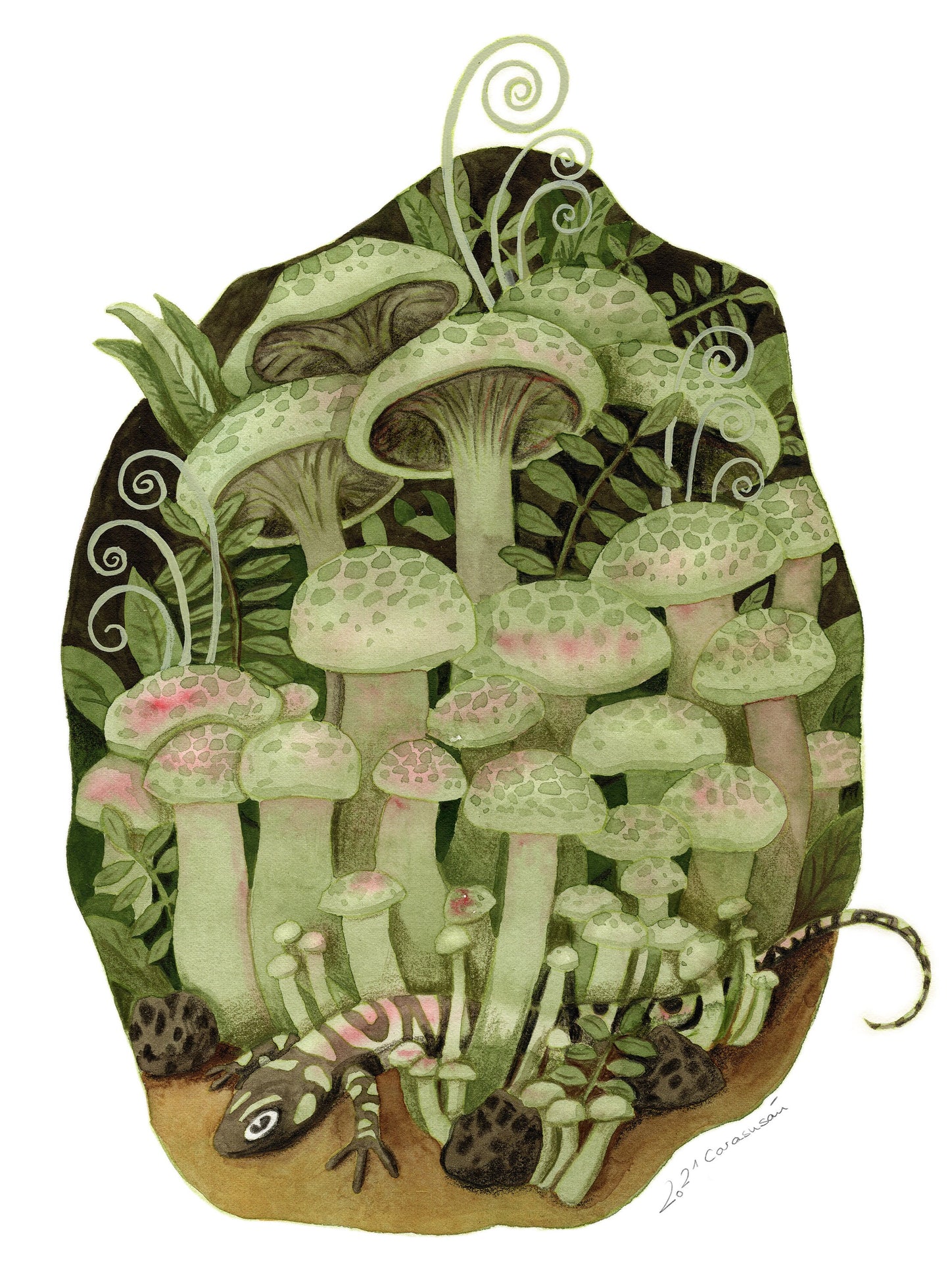 Watercolor - Mushroom Forest and Salamander - Fine Art Print - handsigned - Autumn Wall Decoration