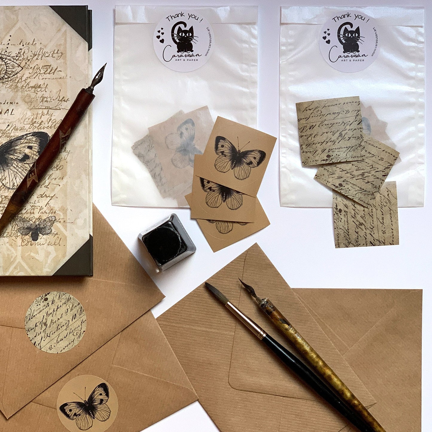 Briefsiegel 3x Schmetterling + 3x Vintage Handwriting | Dark Academia Sticker | 50mm rund