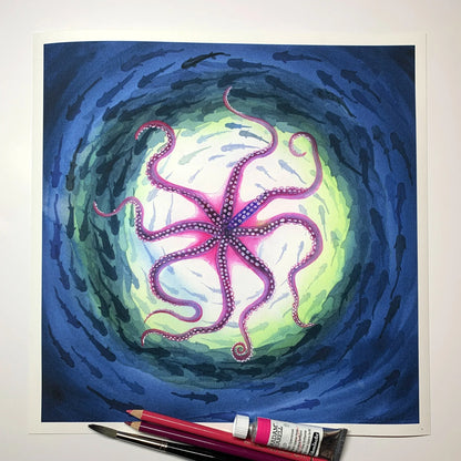 Kunstdruck 'Oktopus' Aquarell - handsigniert - 30x30 oder 40x40cm - Carasusan