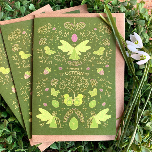 Oster-Grusskarte grün 'Frühlingselfen' mit Umschlag aus Kraftpapier DinA6