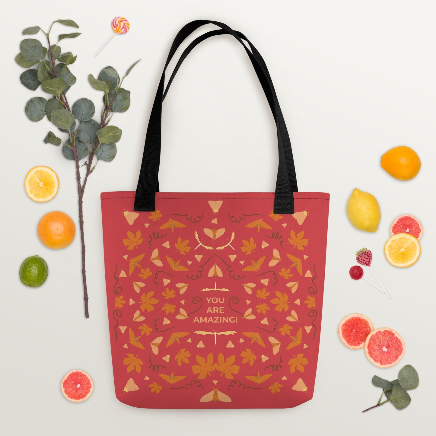 Carrying bag 'Autumn Leaves and Moths' - soft red