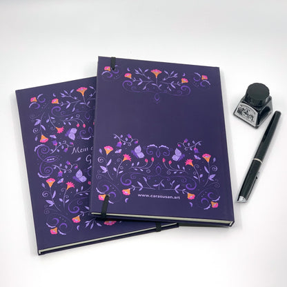Journaling Set Romantische Blüten violett | Notizbuch mit Punktraster, 3 Stickerbogen, 2x Washi Tape | Boho Folklore Cottagecore Tagebuch - Carasusan