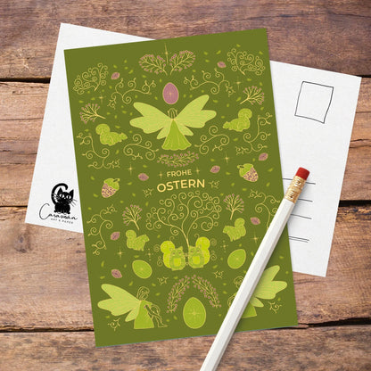 Oster-Postkarte 'Frühlingselfen' | pistaziengrün | DinA6 - Carasusan
