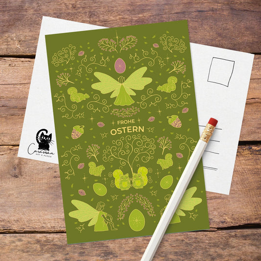 Oster-Postkarte 'Frühlingselfen' | pistaziengrün | DinA6 - Carasusan