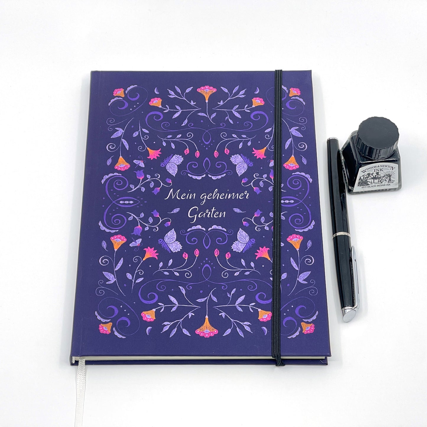 Notizbuch mit Punktraster | violett | Boho Blumenmuster | 128 Seiten mit Lesebändchen und Gummiband