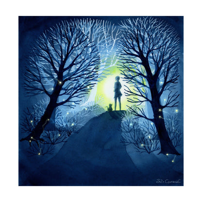 Aquarell 'Glühwürmchen' 30x30cm - Kunstdruck - Nachts im magischen Wald - Carasusan