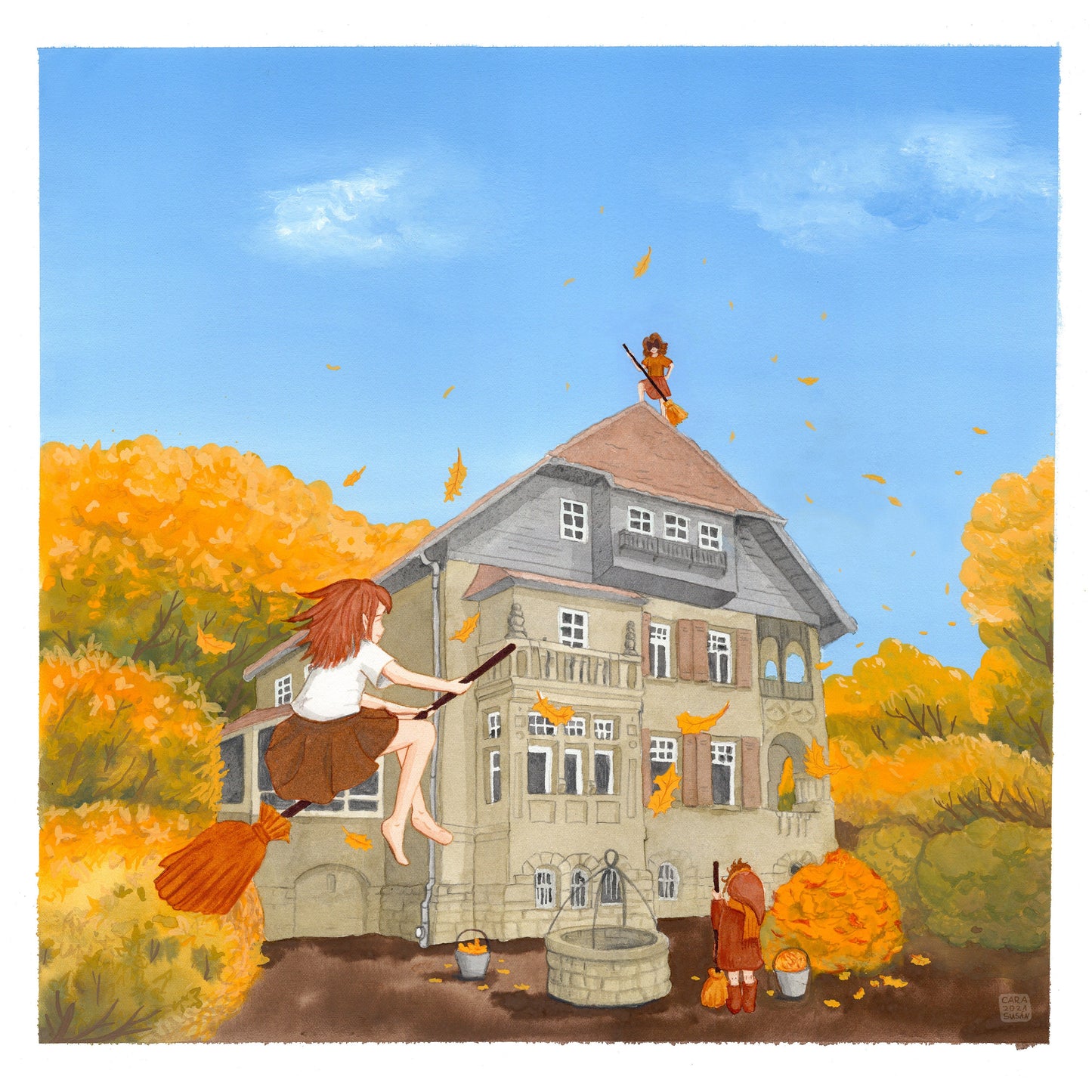 Witches doing autumn cleaning ca.30x30cm - art print on watercolor paper - signed and limited