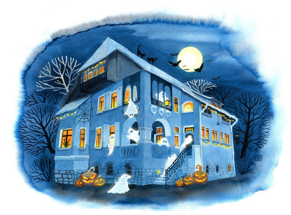 Kunstdruck 'Halloweenparty' auf feinem Aquarellpapier - handsigniert - Lustige Gespenster und Kürbisgesichter - Carasusan