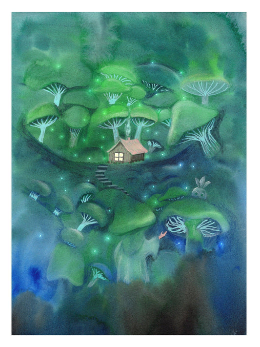Kunstdruck Hexe im Pilz Wald | auf 300g Aquarellpapier | Wandbild grün | Wítchy Style | Wanddekoration Gemälde | Fantasy Landschaft - Carasusan