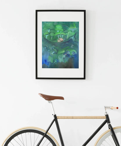 Kunstdruck Hexe im Pilz Wald | auf 300g Aquarellpapier | Wandbild grün | Wítchy Style | Wanddekoration Gemälde | Fantasy Landschaft - Carasusan