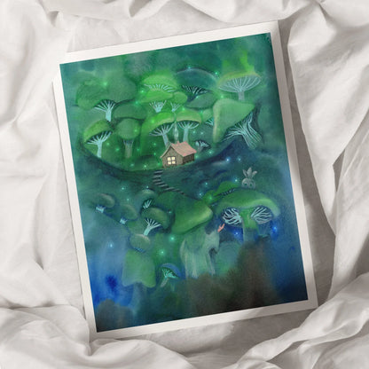 Kunstdruck Hexe im Pilz Wald | auf 300g Aquarellpapier | Wandbild grün | Wítchy Style | Wanddekoration Gemälde | Fantasy Landschaft - Carasusan