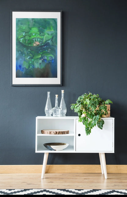 Kunstdruck Hexe im Pilz Wald | auf 300g Aquarellpapier | Wandbild grün | Wítchy Style | Wanddekoration Gemälde | Fantasy Landschaft - Carasusan